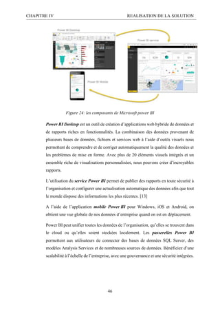 CHAPITRE IV REALISATION DE LA SOLUTION
46
Figure 24: les composants de Microsoft power BI
Power BI Desktop est un outil de création d’applications web hybride de données et
de rapports riches en fonctionnalités. La combinaison des données provenant de
plusieurs bases de données, fichiers et services web à l’aide d’outils visuels nous
permettent de comprendre et de corriger automatiquement la qualité des données et
les problèmes de mise en forme. Avec plus de 20 éléments visuels intégrés et un
ensemble riche de visualisations personnalisées, nous pouvons créer d’incroyables
rapports.
L’utilisation du service Power BI permet de publier des rapports en toute sécurité à
l’organisation et configurer une actualisation automatique des données afin que tout
le monde dispose des informations les plus récentes. [13]
A l’aide de l’application mobile Power BI pour Windows, iOS et Android, on
obtient une vue globale de nos données d’entreprise quand on est en déplacement.
Power BI peut unifier toutes les données de l’organisation, qu’elles se trouvent dans
le cloud ou qu’elles soient stockées localement. Les passerelles Power BI
permettent aux utilisateurs de connecter des bases de données SQL Server, des
modèles Analysis Services et de nombreuses sources de données. Bénéficiez d’une
scalabilité à l’échelle de l’entreprise, avec une gouvernance et une sécurité intégrées.
 