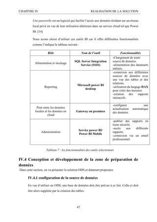 CHAPITRE IV REALISATION DE LA SOLUTION
47
Une passerelle est un logiciel qui facilite l’accès aux données résidant sur un réseau
local privé en vue de leur utilisation ultérieure dans un service cloud tel que Power
BI. [14]
Nous avons choisi d’utiliser ces outils BI car il offre différentes fonctionnalités
comme l’indique le tableau suivant :
IV.4 Conception et développement de la zone de préparation de
données
Dans cette section, on va présenter la solution ODS et datamart proposées.
IV.4.1 configuration de la source de données
En vue d’utiliser un ODS, une base de données doit être prévue à ce fait. Celle-ci doit
être alors suppléée par la création des tables.
Rôle Nom de l’outil Fonctionnalités
Alimentation et stockage
SQL Server Integration
Service (SSIS)
-Chargement de toute
source de données.
-alimentation des datamarts
métiers.
Reporting
Microsoft power BI
desktop
-connexion aux différentes
sources de données avec
une vue des tables et des
relations.
-utilisation du langage DAX
pour créer des mesures.
-création des rapports
interactifs.
Pont entre les données
locales et les données en
cloud
Gateway on premises
-configurer une
actualisation automatique
des données.
Administration
Service power BI/
Power BI Mobile
-publier des rapports en
toute sécurité.
-accès aux différents
rapports.
-connexion via un email
professionnel.
Tableau 7 : les fonctionnalités des outils sélectionnés
 