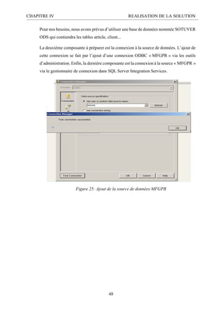 CHAPITRE IV REALISATION DE LA SOLUTION
48
Pour nos besoins, nous avons prévus d’utiliser une base de données nommée SOTUVER
ODS qui contiendra les tables article, client...
La deuxième composante à préparer est la connexion à la source de données. L’ajout de
cette connexion se fait par l’ajout d’une connexion ODBC « MFGPR » via les outils
d’administration. Enfin, la dernière composante est la connexion à la source « MFGPR »
via le gestionnaire de connexion dans SQL Server Integration Services.
Figure 25: Ajout de la source de données MFGPR
 