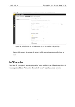 CHAPITRE IV REALISATION DE LA SOLUTION
62
Figure 39: planification de l'actualisation du jeu de données « Reporting »
Le rafraichissement de données du rapport se fait automatiquement tous les jours le
soir.
IV.7 Conclusion
Au niveau de cette partie, nous avons présenté toutes les étapes de réalisation du projet en
commençant par l’étape l’installation des outils BI jusqu’à la publication des rapports.
 