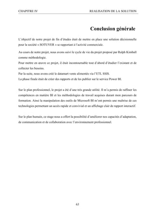 CHAPITRE IV REALISATION DE LA SOLUTION
63
Conclusion générale
L’objectif de notre projet de fin d’études était de mettre en place une solution décisionnelle
pour la société « SOTUVER » se rapportant à l’activité commerciale.
Au cours de notre projet, nous avons suivi le cycle de vie du projet proposé par Ralph Kimball
comme méthodologie.
Pour mettre en œuvre ce projet, il était incontournable tout d’abord d’étudier l’existant et de
collecter les besoins.
Par la suite, nous avons créé le datamart vente alimentés via l’ETL SSIS.
La phase finale était de créer des rapports et de les publier sur le service Power BI.
Sur le plan professionnel, le projet a été d’une très grande utilité. Il m’a permis de raffiner les
compétences en matière BI et les méthodologies de travail acquises durant mon parcours de
formation. Ainsi la manipulation des outils de Microsoft BI m’ont permis une maîtrise de ces
technologies permettant un accès rapide et convivial et un affichage clair de rapport interactif.
Sur le plan humain, ce stage nous a offert la possibilité d’améliorer nos capacités d’adaptation,
de communication et de collaboration avec l’environnement professionnel.
 