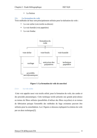 Chapitre I : Etude bibliographique ISET KH
Donya CH &Mayssem HA 4
• La finition
2.1- La formation du voile
Trois méthodes de base sont principalement utilisées pour la réalisation du voile :
• La voie sèche (voie textile ou directe)
• La voie humide (voie papetière)
• La voie fondue
Figure 1: La formation de voile de non-tissé
2.1.1- La voie sèche
Cette voie appelée aussi voie textile utilisé, pour la formation du voile, des cardes et
des procédés pneumatiques. Cette technique textile présente une grande polyvalence
en termes de fibres utilisées (possibilités d’utiliser des fibres recyclées) et en termes
de fabrication puisque l'ensemble des méthodes de liage existantes peuvent être
utilisées pour la consolidation. Les 2 figures ci-dessous expliquent la création du voile
par ces deux techniques[2].
 