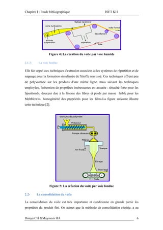 Chapitre I : Etude bibliographique ISET KH
Donya CH &Mayssem HA 6
Figure 4: La création du voile par voie humide
2.1.3- La voie fondue
Elle fait appel aux techniques d'extrusion associées à des systèmes de répartition et de
nappage pour la formation simultanée de l'étoffe non tissé. Ces techniques offrent peu
de polyvalence sur les produits d'une même ligne, mais suivant les techniques
employées, l'obtention de propriétés intéressantes est assurée : ténacité forte pour les
Spunbonds, douceur due à la finesse des fibres et poids par masse faible pour les
Meltblowns, homogénéité des propriétés pour les films.La figure suivante illustre
cette technique [2].
.
Figure 5: La création du voile par voie fondue
2.2- La consolidation du voile
La consolidation du voile est très importante et conditionne en grande partie les
propriétés du produit fini. On admet que la méthode de consolidation choisie, a au
 