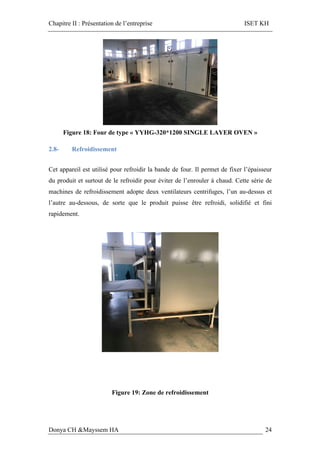 Chapitre II : Présentation de l’entreprise ISET KH
Donya CH &Mayssem HA 24
Figure 18: Four de type « YYHG-320*1200 SINGLE LAYER OVEN »
2.8- Refroidissement
Cet appareil est utilisé pour refroidir la bande de four. Il permet de fixer l’épaisseur
du produit et surtout de le refroidir pour éviter de l’enrouler à chaud. Cette série de
machines de refroidissement adopte deux ventilateurs centrifuges, l’un au-dessus et
l’autre au-dessous, de sorte que le produit puisse être refroidi, solidifié et fini
rapidement.
Figure 19: Zone de refroidissement
 