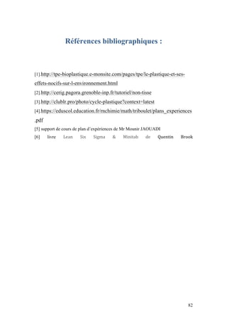82
Références bibliographiques :
[1].http://tpe-bioplastique.e-monsite.com/pages/tpe/le-plastique-et-ses-
effets-nocifs-sur-l-environnement.html
[2].http://cerig.pagora.grenoble-inp.fr/tutoriel/non-tisse
[3].http://clublr.pro/photo/cycle-plastique?context=latest
[4].https://eduscol.education.fr/rnchimie/math/triboulet/plans_experiences
.pdf
[5] support de cours de plan d’expériences de Mr Mounir JAOUADI
[6] livre Lean	 Six	 Sigma	 &	 Minitab	 de	 Quentin	 Brook
 
