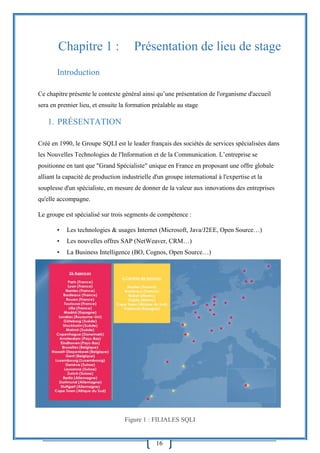 16
Chapitre 1 : Présentation de lieu de stage
Introduction
Ce chapitre présente le contexte général ainsi qu’une présentation de l'organisme d'accueil
sera en premier lieu, et ensuite la formation préalable au stage
1. PRÉSENTATION
Créé en 1990, le Groupe SQLI est le leader français des sociétés de services spécialisées dans
les Nouvelles Technologies de l'Information et de la Communication. L’entreprise se
positionne en tant que "Grand Spécialiste" unique en France en proposant une offre globale
alliant la capacité de production industrielle d'un groupe international à l'expertise et la
souplesse d'un spécialiste, en mesure de donner de la valeur aux innovations des entreprises
qu'elle accompagne.
Le groupe est spécialisé sur trois segments de compétence :
• Les technologies & usages Internet (Microsoft, Java/J2EE, Open Source…)
• Les nouvelles offres SAP (NetWeaver, CRM…)
• La Business Intelligence (BO, Cognos, Open Source…)
Figure 1 : FILIALES SQLI
 