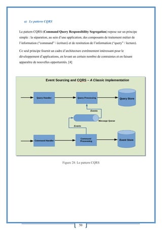 50
a) Le pattern CQRS
Le pattern CQRS (Command Query Responsibility Segregation) repose sur un principe
simple : la séparation, au sein d’une application, des composants de traitement métier de
l’information (“command” / écriture) et de restitution de l’information (“query” / lecture).
Ce seul principe fournit un cadre d’architecture extrêmement intéressant pour le
développement d’applications, en levant un certain nombre de contraintes et en faisant
apparaître de nouvelles opportunités. [4]
Figure 28: Le pattern CQRS
 