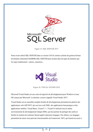 59
Figure 35: SQL SERVER 2017
Nous avons utilisé SQL SERVER dans sa version 14.0.X comme système de gestion de base
de données relationnel (SGBDR) SQL SERVER peut stocker plus de types de données que
les types traditionnels : entiers, caractères...
Figure 36: VISUAL STUDIO 2019
Microsoft Visual Studio est une suite de logiciels de développement pour Windows et mac
OS conçue par Microsoft. La dernière version s'appelle Visual Studio 2017.
Visual Studio est un ensemble complet d'outils de développement permettant de générer des
applications web ASP.NET, des services web XML, des applications bureautiques et des
applications mobiles. Visual Basic, Visual C++, Visual C# utilisent tous le même
environnement de développement intégré (IDE), qui leur permet de partager des outils et
facilite la création de solutions faisant appel à plusieurs langages. Par ailleurs, ces langages
permettent de mieux tirer parti des fonctionnalités du Framework .NET, qui fournit un accès à
 