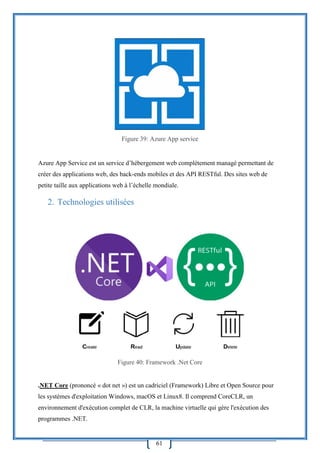 61
Figure 39: Azure App service
Azure App Service est un service d’hébergement web complètement managé permettant de
créer des applications web, des back-ends mobiles et des API RESTful. Des sites web de
petite taille aux applications web à l’échelle mondiale.
2. Technologies utilisées
Figure 40: Framework .Net Core
.NET Core (prononcé « dot net ») est un cadriciel (Framework) Libre et Open Source pour
les systèmes d'exploitation Windows, macOS et Linux8. Il comprend CoreCLR, un
environnement d'exécution complet de CLR, la machine virtuelle qui gère l'exécution des
programmes .NET.
 
