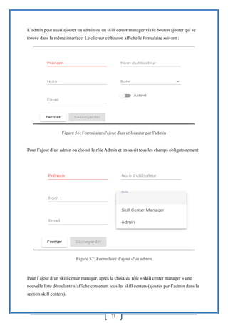 71
L’admin peut aussi ajouter un admin ou un skill center manager via le bouton ajouter qui se
trouve dans la même interface. Le clic sur ce bouton affiche le formulaire suivant :
Figure 56: Formulaire d'ajout d'un utilisateur par l'admin
Pour l’ajout d’un admin on choisit le rôle Admin et on saisit tous les champs obligatoirement:
Figure 57: Formulaire d'ajout d'un admin
Pour l’ajout d’un skill center manager, après le choix du rôle « skill center manager » une
nouvelle liste déroulante s’affiche contenant tous les skill centers (ajoutés par l’admin dans la
section skill centers).
 
