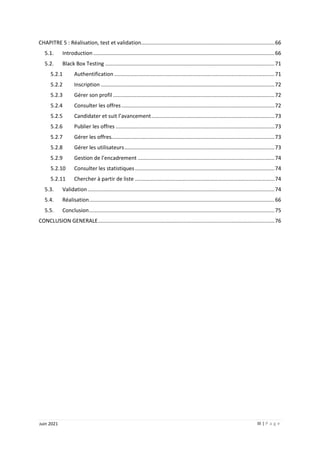 III | P a g e
Juin 2021
CHAPITRE 5 : Réalisation, test et validation..........................................................................................66
5.1. Introduction ..........................................................................................................................66
5.2. Black Box Testing ..................................................................................................................71
5.2.1 Authentification ............................................................................................................71
5.2.2 Inscription .....................................................................................................................72
5.2.3 Gérer son profil.............................................................................................................72
5.2.4 Consulter les offres .......................................................................................................72
5.2.5 Candidater et suit l’avancement...................................................................................73
5.2.6 Publier les offres ...........................................................................................................73
5.2.7 Gérer les offres..............................................................................................................73
5.2.8 Gérer les utilisateurs.....................................................................................................73
5.2.9 Gestion de l’encadrement ............................................................................................74
5.2.10 Consulter les statistiques..............................................................................................74
5.2.11 Chercher à partir de liste ..............................................................................................74
5.3. Validation..............................................................................................................................74
5.4. Réalisation.............................................................................................................................66
5.5. Conclusion.............................................................................................................................75
CONCLUSION GENERALE.......................................................................................................................76
 