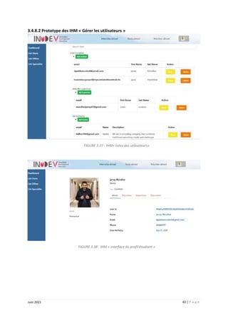42 | P a g e
Juin 2021
3.4.8.2 Prototype des IHM « Gérer les utilisateurs »
FIGURE 3.37 : IHM« listes des utilisateurs»
FIGURE 3.38 : IHM « interface du profil étudiant »
 