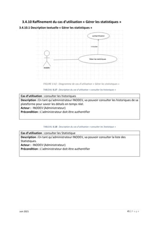 45 | P a g e
Juin 2021
3.4.10 Raffinement du cas d’utilisation « Gérer les statistiques »
3.4.10.1 Description textuelle « Gérer les statistiques »
FIGURE 3.42 : Diagramme de cas d’utilisation « Gérer les statistiques »
TABLEAU 3.17 : Description du cas d’utilisation « consulter les historiques »
Cas d’utilisation : consulter les historiques
Description : En tant qu’administrateur INODEV, va pouvoir consulter les historiques de sa
plateforme pour savoir les détails en temps réel.
Acteur : INODEV (Administrateur)
Précondition : L’administrateur doit être authentifier
TABLEAU 3.18 : Description du cas d’utilisation « consulter les Statistique »
Cas d’utilisation : consulter les Statistique
Description : En tant qu’administrateur INODEV, va pouvoir consulter la liste des
Statistiques.
Acteur : INODEV (Administrateur)
Précondition : L’administrateur doit être authentifier
 