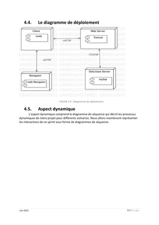 57 | P a g e
Juin 2021
4.4. Le diagramme de déploiement
FIGURE 4.4 : Diagramme de déploiement
4.5. Aspect dynamique
L'aspect dynamique comprend le diagramme de séquence qui décrit les processus
dynamiques de notre projet pour différents scénarios. Nous allons maintenant représenter
les interactions de ce sprint sous forme de diagrammes de séquence.
 