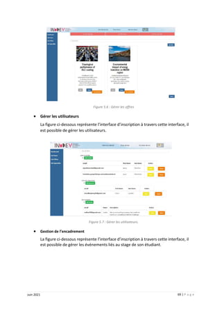 69 | P a g e
Juin 2021
Figure 5.6 : Gérer les offres
 Gérer les utilisateurs
La figure ci-dessous représente l’interface d’inscription à travers cette interface, il
est possible de gérer les utilisateurs.
Figure 5.7 : Gérer les utilisateurs.
 Gestion de l’encadrement
La figure ci-dessous représente l’interface d’inscription à travers cette interface, il
est possible de gérer les événements liés au stage de son étudiant.
 
