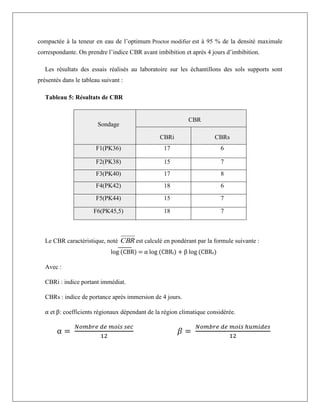 compactée à la teneur en eau de l’optimum Proctor modifier est à 95 % de la densité maximale
correspondante. On prendre l’indice CBR avant imbibition et après 4 jours d’imbibition.
Les résultats des essais réalisés au laboratoire sur les échantillons des sols supports sont
présentés dans le tableau suivant :
Tableau 5: Résultats de CBR
Sondage
CBR
CBRi CBRs
F1(PK36) 17 6
F2(PK38) 15 7
F3(PK40) 17 8
F4(PK42) 18 6
F5(PK44) 15 7
F6(PK45,5) 18 7
Le CBR caractéristique, noté CBR est calculé en pondérant par la formule suivante :
log (CBR) = α log (CBRi) + β log (CBRs)
Avec :
CBRi : indice portant immédiat.
CBRs : indice de portance après immersion de 4 jours.
α et β: coefficients régionaux dépendant de la région climatique considérée.
α =
𝑁𝑜𝑚𝑏𝑟𝑒 𝑑𝑒 𝑚𝑜𝑖𝑠 𝑠𝑒𝑐
12
𝛽 =
𝑁𝑜𝑚𝑏𝑟𝑒 𝑑𝑒 𝑚𝑜𝑖𝑠 ℎ𝑢𝑚𝑖𝑑𝑒𝑠
12
 