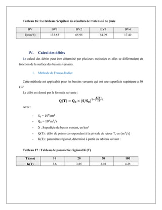 Tableau 16 : Le tableau récapitule les résultats de l’intensité de pluie
BV BV1 BV2 BV3 BV4
I(mm/h) 135.83 65.95 64.09 17.40
IV. Calcul des débits
Le calcul des débits peut être déterminé par plusieurs méthodes et elles se différencient en
fonction de la surface des bassins versants.
1. Méthode de Franco-Rodier
Cette méthode est applicable pour les bassins versants qui ont une superficie supérieure à 50
km²
Le débit est donné par la formule suivante :
𝐐(𝐓) = 𝐐𝟎 × (𝐒/𝐒𝟎)𝟏−(
𝐊(𝐓)
𝟏𝟎
)
Avec :
- S0 = 108
km2
- Q0 = 106
m3
/s
- S : Superficie du bassin versant, en km2
- Q(T) : débit de pointe correspondant à la période de retour T, en (m3
/s)
- K(T) : paramètre régional, déterminé à partir du tableau suivant :
Tableau 17 : Tableau de paramètre régional K (T)
T (ans) 10 20 50 100
K(T) 3.8 3.85 3.98 4.25
 