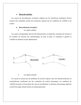 a. Rayon de courbure
Les rayons de raccordements circulaires indiqués par les instructions techniques doivent
toujours être considérés comme des minimums imposés par les conditions de visibilité et de
confort.
b. Raccordements circulaires
 Les angles saillants
Les rayons correspondants doivent être dimensionnés au regard des contraintes de sécurité et
de visibilité. En fonction des caractéristiques du tracé en plan, on s'attachera à garantir la
visibilité sur obstacle ou pour dépassement.
 Les angles rentrants
Ces rayons ne posent pas de problèmes de sécurité majeurs mais leur dimensionnement est
essentiellement conditionné par des contraintes de confort dynamiques, les conditions de
visibilité nocturnes et l'évacuation des eaux de ruissellement. La présence d'un passage supérieur
au droit d'un angle rentrant mérite un examen particulier.
 