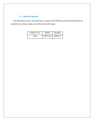 6. Calcul des cubatures
Pour déterminer les prix de terrassement, le logiciel COVADIS nous permet de déterminer les
quantités des cubatures après avoir affectés les profils types.
Volume en m3
Déblai Remblai
Total 296871.82 84024.37
 