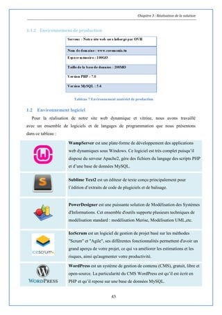 Chapitre 3 : Réalisation de la solution
43
1.1.2 Environnement de production
Tableau 7 Environnement matériel de production
1.2 Environnement logiciel
Pour la réalisation de notre site web dynamique et vitrine, nous avons travaillé
avec un ensemble de logiciels et de langages de programmation que nous présentons
dans ce tableau :
WampServer est une plate-forme de développement des applications
web dynamiques sous Windows. Ce logiciel est très complet puisqu’il
dispose du serveur Apache2, gère des fichiers du langage des scripts PHP
et d’une base de données MySQL.
Sublime Text2 est un éditeur de texte conçu principalement pour
l’édition d’extraits de code de plugiciels et de balisage.
PowerDesigner est une puissante solution de Modélisation des Systèmes
d'Informations. Cet ensemble d'outils supporte plusieurs techniques de
modélisation standard : modélisation Merise, Modélisation UML,etc.
IceScrum est un logiciel de gestion de projet basé sur les méthodes
"Scrum" et "Agile", ses différentes fonctionnalités permettent d'avoir un
grand aperçu de votre projet, ce qui va améliorer les estimations et les
risques, ainsi qu'augmenter votre productivité.
WordPress est un système de gestion de contenu (CMS), gratuit, libre et
open-source. La particularité du CMS WordPress est qu’il est écrit en
PHP et qu’il repose sur une base de données MySQL.
 