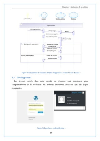 Chapitre 3 : Réalisation de la solution
58
Figure 35 Diagramme de séquence détaillé «Supprimer Contenu Visuel / Textuel »
6.3 Développement
Les travaux menés dans cette activité se résument tout simplement dans
l’implémentation et la réalisation des histoires utilisateurs analysées lors des étapes
précédentes.
Figure 36 Interface « Authentification »
Afficher element
Cliquer sur Annuler
Supprimer element
Cliquer sur OK
Enregistrer page
Afficher msg d'alerte
verifier element ()
cliquer sur supprimer
Afficher icone supprime
select ()
charger page
Cliquer sur element
Administrateur Accueil Gestion contenu Contenu
ref
S'authentifier()
[configurer la suppression]
[annuler la suppression]
alt
Afficher element
Cliquer sur Annuler
Supprimer element
Cliquer sur OK
Enregistrer page
Afficher msg d'alerte
verifier element ()
cliquer sur supprimer
Afficher icone supprime
select ()
charger page
Cliquer sur element
 