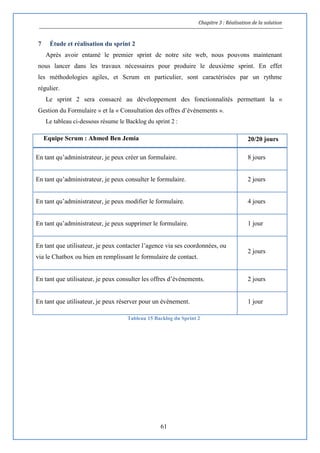 Chapitre 3 : Réalisation de la solution
61
7 Étude et réalisation du sprint 2
Après avoir entamé le premier sprint de notre site web, nous pouvons maintenant
nous lancer dans les travaux nécessaires pour produire le deuxième sprint. En effet
les méthodologies agiles, et Scrum en particulier, sont caractérisées par un rythme
régulier.
Le sprint 2 sera consacré au développement des fonctionnalités permettant la «
Gestion du Formulaire » et la « Consultation des offres d’évènements ».
Le tableau ci-dessous résume le Backlog du sprint 2 :
Equipe Scrum : Ahmed Ben Jemia 20/20 jours
En tant qu’administrateur, je peux créer un formulaire. 8 jours
En tant qu’administrateur, je peux consulter le formulaire. 2 jours
En tant qu’administrateur, je peux modifier le formulaire. 4 jours
En tant qu’administrateur, je peux supprimer le formulaire. 1 jour
En tant que utilisateur, je peux contacter l’agence via ses coordonnées, ou
via le Chatbox ou bien en remplissant le formulaire de contact.
2 jours
En tant que utilisateur, je peux consulter les offres d’évènements. 2 jours
En tant que utilisateur, je peux réserver pour un évènement. 1 jour
Tableau 15 Backlog du Sprint 2
 