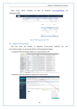 Chapitre 3 : Réalisation de la solution
79
Nous avons choisi d’acheter le nom de domaine www.ceremonia.tn sur
l’hébergeur OVH.
Figure 72 Hébergement sur OVH
9.3 Mettre le site en ligne
Une fois notre site finalisé, la migration d’une version locale de site vers
une version en ligne, sur un serveur distant se fait par plusieurs étapes :
1. Exporter la base de données depuis la version locale du site
2. Importer la base de données en ligne de la version locale
 