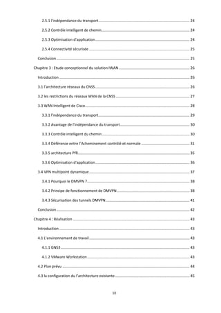 10
2.5.1 l'indépendance du transport......................................................................................... 24
2.5.2 Contrôle intelligent de chemin...................................................................................... 24
2.5.3 Optimisation d'application............................................................................................ 24
2.5.4 Connectivité sécurisée .................................................................................................. 25
Conclusion.................................................................................................................................. 25
Chapitre 3 : Etude conceptionnel du solution IWAN ..................................................................... 26
Introduction ............................................................................................................................... 26
3.1 l’architecture réseaux du CNSS............................................................................................ 26
3.2 les restrictions du réseaux WAN de la CNSS ........................................................................ 27
3.3 WAN Intelligent de Cisco...................................................................................................... 28
3.3.1 l'indépendance du transport......................................................................................... 29
3.3.2 Avantage de l'indépendance du transport.................................................................... 30
3.3.3 Contrôle intelligent du chemin ..................................................................................... 30
3.3.4 Déférence entre l’Acheminement contrôlé et normale ............................................... 31
3.3.5 architecture PfR............................................................................................................. 35
3.3.6 Optimisation d'application............................................................................................ 36
3.4 VPN multipoint dynamique.................................................................................................. 37
3.4.1 Pourquoi le DMVPN ?.................................................................................................... 38
3.4.2 Principe de fonctionnement de DMVPN....................................................................... 38
3.4.3 Sécurisation des tunnels DMVPN.................................................................................. 41
Conclusion.................................................................................................................................. 42
Chapitre 4 : Réalisation .................................................................................................................. 43
Introduction ............................................................................................................................... 43
4.1 L’environnement de travail.................................................................................................. 43
4.1.1 GNS3.............................................................................................................................. 43
4.1.2 VMware Workstation.................................................................................................... 43
4.2 Plan prévu ............................................................................................................................ 44
4.3 la configuration du l’architecture existante......................................................................... 45
 
