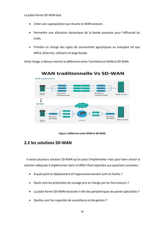 18
La plate-forme SD-WAN doit
• Créer une superposition qui résume le WAN existant.
• Permettre une allocation dynamique de la bande passante pour l'efficacité du
trafic.
• Prendre en charge des types de connectivité agnostiques au transport tel que
MPLS, Ethernet, cellulaire et large bande.
Cette image ci-dessus montre la déférence entre l'architecture WAN et SD-WAN
Figure 2 déférence entre WAN et SD-WAN
2.2 les solutions SD-WAN
Il existe plusieurs solution SD-WAN qu'on peut l'implémenter mais pour bien choisir la
solution adéquate à implémenter dans la CNSS il faut répondre aux questions suivantes :
• À quel point le déploiement et l'approvisionnement sont-ils faciles ?
• Quels sont les protocoles de routage pris en charge par les fournisseurs ?
• La plate-forme SD-WAN nécessite-t-elle des périphériques de pointe spécialisés ?
• Quelles sont les capacités de surveillance et de gestion ?
 