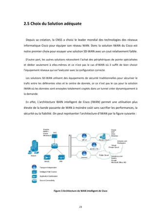 23
2.5 Choix du Solution adéquate
Depuis sa création, la CNSS a choisi le leader mondial des technologies des réseaux
informatique Cisco pour équiper son réseau WAN. Donc la solution IWAN du Cisco est
notre premier choix pour essayer une solution SD-WAN avec un cout relativement faible.
D’autre part, les autres solutions nécessitent l’achat des périphériques de pointe spécialisées
et dédier seulement à elles-mêmes et ce n’est pas le cas d’IWAN où il suffit de bien choisir
l’équipement réseaux qui va l’exécuter avec la configuration correcte.
Les solutions SD-WAN utilisent des équipements de sécurité traditionnelles pour sécuriser le
trafic entre les déférentes sites et le centre de donnée, or ce n’est pas le cas pour la solution
IWAN où les données sont envoyées totalement cryptés dans un tunnel créer dynamiquement à
la demande.
En effet, L'architecture WAN intelligent de Cisco (IWAN) permet une utilisation plus
élevée de la bande passante de WAN à moindre coût sans sacrifier les performances, la
sécurité ou la fiabilité. On peut représenter l’architecture d’IWAN par la figure suivante :
Figure 3 Architecture de WAN intelligent de Cisco
 