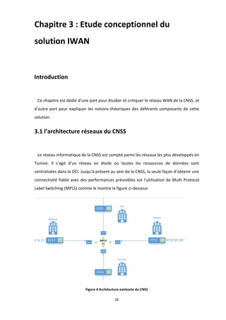 26
Chapitre 3 : Etude conceptionnel du
solution IWAN
Introduction
Ce chapitre est dédié d’une part pour étudier et critiquer le réseau WAN de la CNSS, et
d’autre part pour expliquer les notions théoriques des déférents composants de cette
solution.
3.1 l’architecture réseaux du CNSS
Le réseau informatique de la CNSS est compté parmi les réseaux les plus développés en
Tunisie. Il s’agit d’un réseau en étoile où toutes les ressources de données sont
centralisées dans la DCI. Jusqu’à présent au sein de la CNSS, la seule façon d’obtenir une
connectivité fiable avec des performances prévisibles est l’utilisation de Multi Protocol
Label Switching (MPLS) comme le montre la figure ci-dessous
Figure 4 Architecture existante du CNSS
 