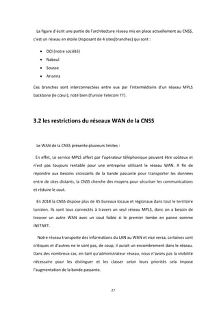 27
La figure d´écrit une partie de l’architecture réseau mis en place actuellement au CNSS,
c’est un réseau en étoile Disposant de 4 sites(branches) qui sont :
• DCI (notre société)
• Nabeul
• Sousse
• Arianna
Ces branches sont interconnectées entre eux par l’intermédiaire d’un réseau MPLS
backbone (le cœur), noté bien (Tunisie Telecom TT).
3.2 les restrictions du réseaux WAN de la CNSS
Le WAN de la CNSS présente plusieurs limites :
En effet, Le service MPLS offert par l’opérateur téléphonique peuvent être coûteux et
n’est pas toujours rentable pour une entreprise utilisant le réseau WAN. A ﬁn de
répondre aux besoins croissants de la bande passante pour transporter les données
entre de sites distants, la CNSS cherche des moyens pour sécuriser les communications
et réduire le cout.
En 2018 la CNSS dispose plus de 45 bureaux locaux et régionaux dans tout le territoire
tunisien. Ils sont tous connectés à travers un seul réseau MPLS, donc on a besoin de
trouver un autre WAN avec un cout faible si le premier tombe en panne comme
INETNET.
Notre réseau transporte des informations du LAN au WAN et vice versa, certaines sont
critiques et d’autres ne le sont pas, de coup, il aurait un encombrement dans le réseau.
Dans des nombreux cas, en tant qu’administrateur réseau, nous n’avons pas la visibilité
nécessaire pour les distinguer et les classer selon leurs priorités cela impose
l’augmentation de la bande passante.
 