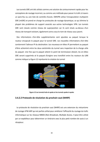 39
Les tunnels GRE ont été utilisés comme une solution de contournement rapide pour les
conceptions de routage incorrect, ou comme une méthode pour passer le trafic à travers
un pare-feu ou une liste de contrôle d'accès. DMVPN utilise l'encapsulation multipoint
GRE (mGRE) et prend en charge les protocoles de routage dynamique, ce qui élimine la
plupart des problèmes de support associés aux autres technologies VPN. Les tunnels
GRE sont classés comme réseau de superposition car ils sont situés au-dessus d'un
réseau de transport existant, également connu sous le nom de réseau sous-jacent.
Des informations d'en-tête supplémentaires sont ajoutées au paquet lorsque le
routeur encapsule le paquet pour le tunnel GRE. Les nouvelles informations d'en-tête
contiennent l'adresse IP du destination. Les nouveaux en-têtes IP permettent au paquet
d'être acheminé entre les deux extrémités du tunnel sans inspection de la charge utile
du paquet. Une fois que le paquet atteint le point de terminaison distant, les en-têtes
GRE seront supprimés et le paquet d'origine sera transféré entre les routeurs du LAN
comme indique La figure 12 représente la création du tunnel
Figure 12 Les tunnels hub-et-spoke et les tunnels spoke-à-spoke
3.4.2.2 Protocole de résolution du prochain saut (NHRP)
Le protocole de résolution du prochain saut (NHRP) est une extension du mécanisme
de routage ATM ARP qui est parfois utilisé pour améliorer l'efficacité du routage du trafic
informatique sur les réseaux NBMA (Non-Broadcast, Multiple Access. Il peut être utilisé
par un expéditeur pour déterminer un itinéraire avec le plus petit nombre de sauts à un
récepteur.
 