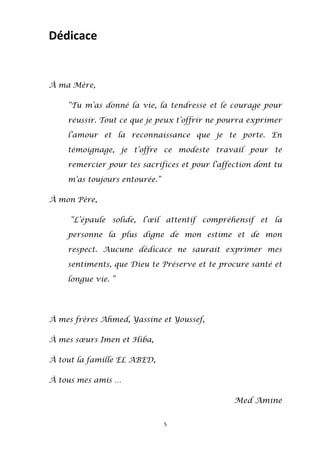 5
Dédicace
À ma Mère,
“Tu m’as donné la vie, la tendresse et le courage pour
réussir. Tout ce que je peux t’offrir ne pourra exprimer
l’amour et la reconnaissance que je te porte. En
témoignage, je t’offre ce modeste travail pour te
remercier pour tes sacrifices et pour l’affection dont tu
m’as toujours entourée.”
À mon Père,
“L’épaule solide, l’œil attentif compréhensif et la
personne la plus digne de mon estime et de mon
respect. Aucune dédicace ne saurait exprimer mes
sentiments, que Dieu te Préserve et te procure santé et
longue vie. ”
À mes frères Ahmed, Yassine et Youssef,
À mes sœurs Imen et Hiba,
À tout la famille EL ABED,
À tous mes amis …
Med Amine
 