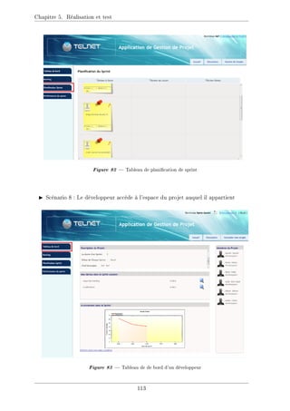 Chapitre 5. Réalisation et test
Figure 82  Tableau de planication de sprint
I Scénario 8 : Le développeur accède à l'espace du projet auquel il appartient
Figure 83  Tableau de de bord d'un développeur
113
 