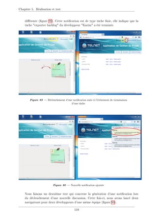 Chapitre 5. Réalisation et test
diérente (gure 90). Cette notication est de type tâche nie, elle indique que la
tâche exporter backlog du développeur Karim a été terminée.
Figure 89  Déclenchement d'une notication suite à l'évènement de terminaison
d'une tâche
Figure 90  Nouvelle notication ajoutée
Nous faisons un deuxième test qui concerne la génération d'une notication lors
du déclenchement d'une nouvelle discussion. Cette fois-ci, nous avons lancé deux
navigateurs pour deux développeurs d'une même équipe (gure 90).
118
 