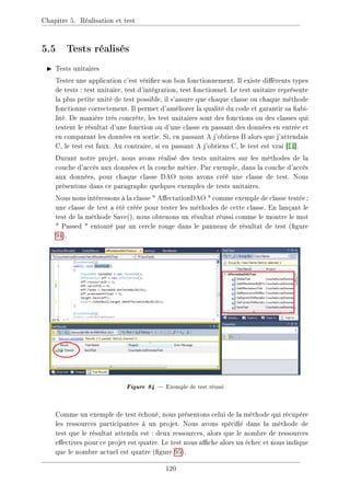 Chapitre 5. Réalisation et test
5.5 Tests réalisés
I Tests unitaires
Tester une application c'est vérier son bon fonctionnement. Il existe diérents types
de tests : test unitaire, test d'intégration, test fonctionnel. Le test unitaire représente
la plus petite unité de test possible, il s'assure que chaque classe ou chaque méthode
fonctionne correctement. Il permet d'améliorer la qualité du code et garantir sa abi-
lité. De manière très concrète, les test unitaires sont des fonctions ou des classes qui
testent le résultat d'une fonction ou d'une classe en passant des données en entrée et
en comparant les données en sortie. Si, en passant A j'obtiens B alors que j'attendais
C, le test est faux. Au contraire, si en passant A j'obtiens C, le test est vrai [14].
Durant notre projet, nous avons réalisé des tests unitaires sur les méthodes de la
couche d'accès aux données et la couche métier. Par exemple, dans la couche d'accès
aux données, pour chaque classe DAO nous avons créé une classe de test. Nous
présentons dans ce paragraphe quelques exemples de tests unitaires.
Nous nous intéressons à la classe  AectationDAO  comme exemple de classe testée;
une classe de test a été créée pour tester les méthodes de cette classe. En lançant le
test de la méthode Save(), nous obtenons un résultat réussi comme le montre le mot
 Passed  entouré par un cercle rouge dans le panneau de résultat de test (gure
94).
Figure 94  Exemple de test réussi
Comme un exemple de test échoué, nous présentons celui de la méthode qui récupère
les ressources participantes à un projet. Nous avons spécié dans la méthode de
test que le résultat attendu est : deux ressources, alors que le nombre de ressources
eectives pour ce projet est quatre. Le test nous ache alors un échec et nous indique
que le nombre actuel est quatre (gure 95).
120
 