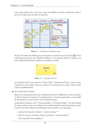 Chapitre 2. Etude préalable
d'une tâche donne lieu à une mise à jour du backlog de sprint et détermine ainsi ce
qui reste à faire pour la tâche en question.
Figure 2  Exemple de backlog de sprint
De plus, les tâches du backlog sont représentées sous forme de post-it (Figure3). Cette
représentation permet une visibilité meilleure et une gestion facile des tâches et de
leurs déplacements dans le tableau du backlog de sprint.
Figure 3  Exemple de Post-it
Le troisième outil est la courbe de  Reste à faire  (Burndown Chart) : Cette courbe
représente le reste à faire au fur et à mesure de l'avancement du sprint. Elle est mise
à jour quotidiennement.
I Les cérémonies de Scrum
Dans le but de garantir une bonne collaboration entre les diérents acteurs du projet,
et an de fournir les moyens de communication et d'auto-organisation, un ensemble
de cérémonies est mis en place tout au long du projet.
La première cérémonie est le  Scrum quotidien  (Scrum meeting) : c'est une réunion
de quinze minutes qui a lieu chaque jour pendant laquelle chaque intervenant (ayant
l'un des trois rôles dénis précédemment) doit répondre à ces questions :
− Qu'ai-je fais depuis le dernier  scrum meeting ?
− Qu'est-ce que je vais faire jusqu'au prochain  scrum meeting?
− Ai-je rencontré des problèmes?
20
 