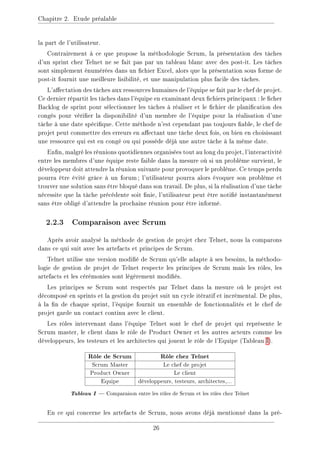 Chapitre 2. Etude préalable
la part de l'utilisateur.
Contrairement à ce que propose la méthodologie Scrum, la présentation des tâches
d'un sprint chez Telnet ne se fait pas par un tableau blanc avec des post-it. Les tâches
sont simplement énumérées dans un chier Excel, alors que la présentation sous forme de
post-it fournit une meilleure lisibilité, et une manipulation plus facile des tâches.
L'aectation des tâches aux ressources humaines de l'équipe se fait par le chef de projet.
Ce dernier répartit les tâches dans l'équipe en examinant deux chiers principaux : le cher
Backlog de sprint pour sélectionner les tâches à réaliser et le chier de planication des
congés pour vérier la disponibilité d'un membre de l'équipe pour la réalisation d'une
tâche à une date spécique. Cette méthode n'est cependant pas toujours able, le chef de
projet peut commettre des erreurs en aectant une tâche deux fois, ou bien en choisissant
une ressource qui est en congé ou qui possède déjà une autre tâche à la même date.
Enn, malgré les réunions quotidiennes organisées tout au long du projet, l'interactivité
entre les membres d'une équipe reste faible dans la mesure où si un problème survient, le
développeur doit attendre la réunion suivante pour provoquer le problème. Ce temps perdu
pourra être évité grâce à un forum; l'utilisateur pourra alors évoquer son problème et
trouver une solution sans être bloqué dans son travail. De plus, si la réalisation d'une tâche
nécessite que la tâche précédente soit nie, l'utilisateur peut être notié instantanément
sans être obligé d'attendre la prochaine réunion pour être informé.
2.2.3 Comparaison avec Scrum
Après avoir analysé la méthode de gestion de projet chez Telnet, nous la comparons
dans ce qui suit avec les artefacts et principes de Scrum.
Telnet utilise une version modié de Scrum qu'elle adapte à ses besoins, la méthodo-
logie de gestion de projet de Telnet respecte les principes de Scrum mais les rôles, les
artefacts et les cérémonies sont légèrement modiés.
Les principes se Scrum sont respectés par Telnet dans la mesure où le projet est
décomposé en sprints et la gestion du projet suit un cycle itératif et incrémental. De plus,
à la n de chaque sprint, l'équipe fournit un ensemble de fonctionnalités et le chef de
projet garde un contact continu avec le client.
Les rôles intervenant dans l'équipe Telnet sont le chef de projet qui représente le
Scrum master, le client dans le rôle de Product Owner et les autres acteurs comme les
développeurs, les testeurs et les architectes qui jouent le rôle de l'Equipe (Tableau I).
Rôle de Scrum Rôle chez Telnet
Scrum Master Le chef de projet
Product Owner Le client
Equipe développeurs, testeurs, architectes,...
Tableau I  Comparaison entre les rôles de Scrum et les rôles chez Telnet
En ce qui concerne les artefacts de Scrum, nous avons déjà mentionné dans la pré-
26
 