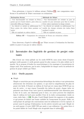 Chapitre 2. Etude préalable
Nous présentons, à travers le tableau suivant (Tableau III), une comparaison entre
Scrum et la méthode de Telnet concernant ces estimations.
Estimation Scrum Méthode de Telnet
- Une fonctionnalité est estimée en Story
points qui est d'unité relative, prise selon un
intervalle déni par l'équipe.
- Une fonctionnalité est estimée en jour (le
nombre de jour nécessaire pour nir la tâche).
Cette valeur représente la charge estimée.
- La vélocité se calcule en additionnant les
Story points des tâches nies pendant un
sprint.
- La vélocité est calculée en additionnant l'en-
semble des charges estimées des tâches nies
pendant le sprint.
- Elle est exprimée en valeur relative - Elle est exprimée en jours.
Tableau III  Comparaison des estimations de Scrum aux estimations utilisées
dans Telnet
Nous observons, d'après le tableau II, que Telnet recourt à l'estimation les fonction-
nalités en jours et non pas en valeur relative.
2.3 Inventaire des logiciels de gestion de projet exis-
tants
An d'avoir une vision globale sur les outils SCRUM, nous avons choisi d'exposer
quelques outils payants et outils gratuits parmi les plus connus et les plus utilisés sur le
marché. On se propose d'étudier les caractéristiques et les avantages et inconvénients de
chaque outil. Nous analysons, par la suite, l'adaptabilité de chaque outil à la méthode de
gestion de projet utilisée par Telnet.
2.3.1 Outils payants
I Mingle
Mingle se caractérise par une présentation hiérarchique des tâches et une présentation
arborescente des itérations (ou sprints), ce qui rend la compréhension du plan de
projet très facile. Il fournit un tableau de bord qui est connu dans SCRUM par un
mur de cartes : ce mur expose l'ensemble des tâches du projet, chaque tâche est
présentée sous forme d'une carte (post-it) multidimensionnelle (une dimension pour
la face de la carte, une dimension pour le dos); ces cartes peuvent être déplacées
dans le tableau de bord pour modier l'état de la tâche correspondante (tâche en
cours, tâche nie,..). [18]. De plus, l'outil Mingle fournit des rapports et des graphes
ce qui permet de donner une bonne visibilité de l'avancement du projet. Enn, cet
outil permet de partager des conversations entre les utilisateurs et de les capturer; il
permet aussi le partage d'information via des alertes envoyées par mail. Mingle est
un outil payant, il coute 240$ USD par année et par utilisateur. Les points forts et
les points faibles de l'outil Mingle sont récapitulés dans le tableau IV.
28
 