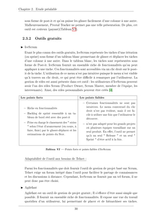 Chapitre 2. Etude préalable
sous forme de post-it et qu'on puisse les glisser facilement d'une colonne à une autre.
Malheureusement, Pivotal Tracker ne permet pas une telle présentation. De plus, cet
outil est coûteux (payant)(Tableau VI).
2.3.2 Outils gratuits
I IceScrum
Etant le plus connu des outils gratuits, IceScrum représente les tâches d'une itération
(ou sprint) sous forme d'un tableau blanc permettant de glisser et déplacer les tâches
d'une colonne à une autre. Dans le tableau blanc, les tâches sont représentées sous
forme de Post-it. IceScrum fournit un ensemble riche de fonctionnalités qu'on peut
appliquer à une tâche. Ces fonctionnalités sont accessibles via un clic droit sur le post-
it de la tâche. L'utilisation de ce menu n'est pas intuitive puisque le menu n'est visible
qu'à travers un clic droit, ce qui peut être dicile à remarquer par l'utilisateur. La
gestion de rôles est aussi présente dans cet outil : les utilisateurs d'IceScrum peuvent
avoir l'un des rôles Scrum (Product Owner, Scrum Master, membre de l'équipe, les
intervenants). Ainsi, des rôles personnalisés peuvent être créés [4].
Les points forts Les points faibles
− Riche en fonctionnalités
− Backlog de sprint ressemble à un ta-
bleau de bord réel avec des post-it
− Prise en charge le classement des  stries
 selon l'état d'avancement (en cours, à
faire, nie) par le glisser-déplacer et les
estimations de points du Stor.
− Certaines fonctionnalités ne sont pas
intuitives. Le menu contextuel du clic
droit n'est pas évident, mais il est fa-
cile à utiliser une fois que l'utilisateur le
découvre.
− n'est pas adapté pour les grands projets
où plusieurs équipes travaillant sur un
seul produit. En eet, l'outil ne permet
qu'à un seul  Release  et un seul 
Sprint  d'être actif à la fois.
Tableau VI  Points forts et points faibles d'IceScrum
Adaptabilité de l'outil aux besoins de Telnet :
Parmi les fonctionnalités que doit fournir l'outil de gestion de projet basé sur Scrum,
Telnet exige un forum intégré dans l'outil pour faciliter le partage de connaissances
et les discussions à distance. Cependant, IceScrum ne fournit pas un tel forum, il ne
peut donc pas être choisi.
I Agilefant
Agilefant est un outil de gestion de projet gratuit; Il s'eorce d'être aussi simple que
possible. Il fournit un ensemble riche de fonctionnalités. Il expose une vue du travail
quotidien d'un utilisateur, lui permettant de placer et de hiérarchiser ses tâches.
30
 