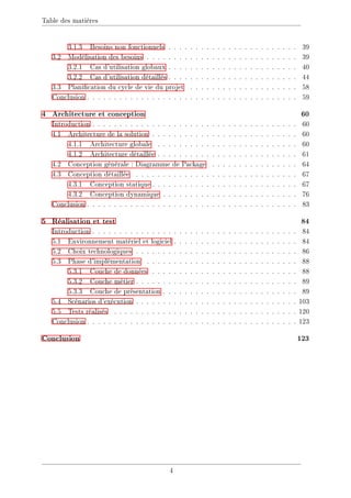 Table des matières
3.1.3 Besoins non fonctionnels . . . . . . . . . . . . . . . . . . . . . . . . 39
3.2 Modélisation des besoins . . . . . . . . . . . . . . . . . . . . . . . . . . . . 39
3.2.1 Cas d'utilisation globaux . . . . . . . . . . . . . . . . . . . . . . . . 40
3.2.2 Cas d'utilisation détaillés . . . . . . . . . . . . . . . . . . . . . . . . 44
3.3 Planication du cycle de vie du projet . . . . . . . . . . . . . . . . . . . . 58
Conclusion . . . . . . . . . . . . . . . . . . . . . . . . . . . . . . . . . . . . . . . 59
4 Architecture et conception 60
Introduction . . . . . . . . . . . . . . . . . . . . . . . . . . . . . . . . . . . . . . 60
4.1 Architecture de la solution . . . . . . . . . . . . . . . . . . . . . . . . . . . 60
4.1.1 Architecture globale . . . . . . . . . . . . . . . . . . . . . . . . . . 60
4.1.2 Architecture détaillée . . . . . . . . . . . . . . . . . . . . . . . . . . 61
4.2 Conception générale : Diagramme de Package . . . . . . . . . . . . . . . . 64
4.3 Conception détaillée . . . . . . . . . . . . . . . . . . . . . . . . . . . . . . 67
4.3.1 Conception statique . . . . . . . . . . . . . . . . . . . . . . . . . . . 67
4.3.2 Conception dynamique . . . . . . . . . . . . . . . . . . . . . . . . . 76
Conclusion . . . . . . . . . . . . . . . . . . . . . . . . . . . . . . . . . . . . . . . 83
5 Réalisation et test 84
Introduction . . . . . . . . . . . . . . . . . . . . . . . . . . . . . . . . . . . . . . 84
5.1 Environnement matériel et logiciel . . . . . . . . . . . . . . . . . . . . . . . 84
5.2 Choix technologiques . . . . . . . . . . . . . . . . . . . . . . . . . . . . . . 86
5.3 Phase d'implémentation . . . . . . . . . . . . . . . . . . . . . . . . . . . . 88
5.3.1 Couche de données . . . . . . . . . . . . . . . . . . . . . . . . . . . 88
5.3.2 Couche métier . . . . . . . . . . . . . . . . . . . . . . . . . . . . . . 89
5.3.3 Couche de présentation . . . . . . . . . . . . . . . . . . . . . . . . . 89
5.4 Scénarios d'exécution . . . . . . . . . . . . . . . . . . . . . . . . . . . . . . 103
5.5 Tests réalisés . . . . . . . . . . . . . . . . . . . . . . . . . . . . . . . . . . 120
Conclusion . . . . . . . . . . . . . . . . . . . . . . . . . . . . . . . . . . . . . . . 123
Conclusion 123
4
 