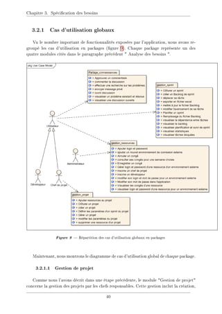 Chapitre 3. Spécication des besoins
3.2.1 Cas d'utilisation globaux
Vu le nombre important de fonctionnalités exposées par l'application, nous avons re-
groupé les cas d'utilisation en packages (gure 9). Chaque package représente un des
quatre modules cités dans le paragraphe précédent  Analyse des besoins .
Figure 9  Répartition des cas d'utilisation globaux en packages
Maintenant, nous montrons le diagramme de cas d'utilisation global de chaque package.
3.2.1.1 Gestion de projet
Comme nous l'avons décrit dans une étape précédente, le module Gestion de projet
concerne la gestion des projets par les chefs responsables. Cette gestion inclut la création,
40
 