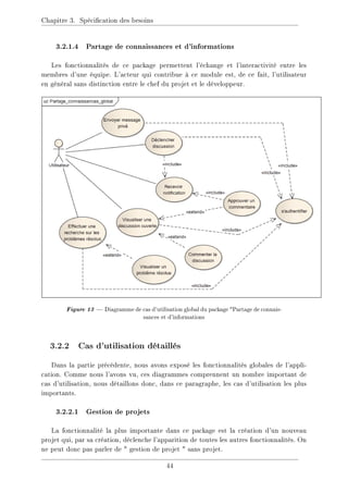 Chapitre 3. Spécication des besoins
3.2.1.4 Partage de connaissances et d'informations
Les fonctionnalités de ce package permettent l'échange et l'interactivité entre les
membres d'une équipe. L'acteur qui contribue à ce module est, de ce fait, l'utilisateur
en général sans distinction entre le chef du projet et le développeur.
Figure13 Diagramme de cas d'utilisation global du package Partage de connais-
sances et d'informations
3.2.2 Cas d'utilisation détaillés
Dans la partie précédente, nous avons exposé les fonctionnalités globales de l'appli-
cation. Comme nous l'avons vu, ces diagrammes comprennent un nombre important de
cas d'utilisation, nous détaillons donc, dans ce paragraphe, les cas d'utilisation les plus
importants.
3.2.2.1 Gestion de projets
La fonctionnalité la plus importante dans ce package est la création d'un nouveau
projet qui, par sa création, déclenche l'apparition de toutes les autres fonctionnalités. On
ne peut donc pas parler de  gestion de projet  sans projet.
44
 
