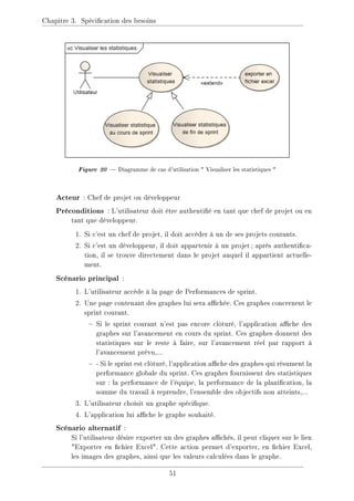 Chapitre 3. Spécication des besoins
Figure 20  Diagramme de cas d'utilisation  Visualiser les statistiques 
Acteur : Chef de projet ou développeur
Préconditions : L'utilisateur doit être authentié en tant que chef de projet ou en
tant que développeur.
1. Si c'est un chef de projet, il doit accéder à un de ses projets courants.
2. Si c'est un développeur, il doit appartenir à un projet; après authentica-
tion, il se trouve directement dans le projet auquel il appartient actuelle-
ment.
Scénario principal :
1. L'utilisateur accède à la page de Performances de sprint.
2. Une page contenant des graphes lui sera achée. Ces graphes concernent le
sprint courant.
 Si le sprint courant n'est pas encore clôturé, l'application ache des
graphes sur l'avancement en cours du sprint. Ces graphes donnent des
statistiques sur le reste à faire, sur l'avancement réel par rapport à
l'avancement prévu,...
 - Si le sprint est clôturé, l'application ache des graphes qui résument la
performance globale du sprint. Ces graphes fournissent des statistiques
sur : la performance de l'équipe, la performance de la planication, la
somme du travail à reprendre, l'ensemble des objectifs non atteints,...
3. L'utilisateur choisit un graphe spécique.
4. L'application lui ache le graphe souhaité.
Scénario alternatif :
Si l'utilisateur désire exporter un des graphes achés, il peut cliquer sur le lien
Exporter en chier Excel. Cette action permet d'exporter, en chier Excel,
les images des graphes, ainsi que les valeurs calculées dans le graphe.
51
 