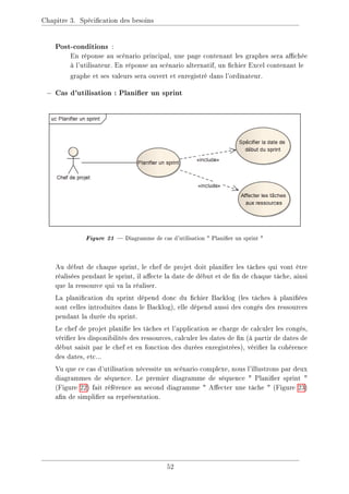 Chapitre 3. Spécication des besoins
Post-conditions :
En réponse au scénario principal, une page contenant les graphes sera achée
à l'utilisateur. En réponse au scénario alternatif, un chier Excel contenant le
graphe et ses valeurs sera ouvert et enregistré dans l'ordinateur.
− Cas d'utilisation : Planier un sprint
Figure 21  Diagramme de cas d'utilisation  Planier un sprint 
Au début de chaque sprint, le chef de projet doit planier les tâches qui vont être
réalisées pendant le sprint, il aecte la date de début et de n de chaque tâche, ainsi
que la ressource qui va la réaliser.
La planication du sprint dépend donc du chier Backlog (les tâches à planiées
sont celles introduites dans le Backlog), elle dépend aussi des congés des ressources
pendant la durée du sprint.
Le chef de projet planie les tâches et l'application se charge de calculer les congés,
vérier les disponibilités des ressources, calculer les dates de n (à partir de dates de
début saisit par le chef et en fonction des durées enregistrées), vérier la cohérence
des dates, etc...
Vu que ce cas d'utilisation nécessite un scénario complexe, nous l'illustrons par deux
diagrammes de séquence. Le premier diagramme de séquence  Planier sprint 
(Figure 22) fait référence au second diagramme  Aecter une tâche  (Figure 23)
an de simplier sa représentation.
52
 