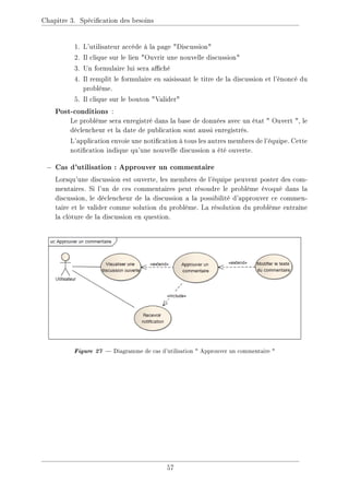Chapitre 3. Spécication des besoins
1. L'utilisateur accède à la page Discussion
2. Il clique sur le lien Ouvrir une nouvelle discussion
3. Un formulaire lui sera aché
4. Il remplit le formulaire en saisissant le titre de la discussion et l'énoncé du
problème.
5. Il clique sur le bouton Valider
Post-conditions :
Le problème sera enregistré dans la base de données avec un état  Ouvert , le
déclencheur et la date de publication sont aussi enregistrés.
L'application envoie une notication à tous les autres membres de l'équipe. Cette
notication indique qu'une nouvelle discussion a été ouverte.
− Cas d'utilisation : Approuver un commentaire
Lorsqu'une discussion est ouverte, les membres de l'équipe peuvent poster des com-
mentaires. Si l'un de ces commentaires peut résoudre le problème évoqué dans la
discussion, le déclencheur de la discussion a la possibilité d'approuver ce commen-
taire et le valider comme solution du problème. La résolution du problème entraîne
la clôture de la discussion en question.
Figure 27  Diagramme de cas d'utilisation  Approuver un commentaire 
57
 