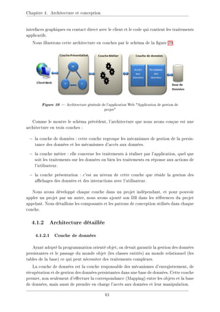 Chapitre 4. Architecture et conception
interfaces graphiques en contact direct avec le client et le code qui contient les traitements
applicatifs.
Nous illustrons cette architecture en couches par le schéma de la gure 29.
Figure 29  Architecture générale de l'application Web Application de gestion de
projet
Comme le montre le schéma précédent, l'architecture que nous avons conçue est une
architecture en trois couches :
− la couche de données : cette couche regroupe les mécanismes de gestion de la persis-
tance des données et les mécanismes d'accès aux données.
− la couche métier : elle concerne les traitements à réaliser par l'application, quel que
soit les traitements sur les données ou bien les traitements en réponse aux actions de
l'utilisateur.
− la couche présentation : c'est au niveau de cette couche que réside la gestion des
achages des données et des interactions avec l'utilisateur.
Nous avons développé chaque couche dans un projet indépendant, et pour pouvoir
appler un projet par un autre, nous avons ajouté son Dll dans les références du projet
appelant. Nous détaillons les composants et les patrons de conception utilisés dans chaque
couche.
4.1.2 Architecture détaillée
4.1.2.1 Couche de données
Ayant adopté la programmation orienté objet, on devait garantir la gestion des données
persistantes et le passage du monde objet (les classes entités) au monde relationnel (les
tables de la base) ce qui peut nécessiter des traitements complexes.
La couche de données est la couche responsable des mécanismes d'enregistrement, de
récupération et de gestion des données persistantes dans une base de données. Cette couche
permet, non seulement d'eectuer la correspondance (Mapping) entre les objets et la base
de données, mais aussi de prendre en charge l'accès aux données et leur manipulation.
61
 