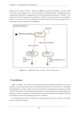 Chapitre 4. Architecture et conception
gardée avec un état  Ouvert . Elle reste achée tant que le problème n'est pas résolu
et qu'elle n'a pas dépassé deux semaines depuis son déclenchement. L'approbation d'un
commentaire déclenche le changement de l'état de discussion qui devient  Résolue . Les
discussions résolues permettent à l'utilisateur d'eectuer des recherches sur les problèmes
résolus, ce n'est pas le cas des discussions fermées avant d'être résolues puisqu'elles ne
contiennent pas de solutions aux problèmes.
Figure 51  Diagramme d'état transition Etat de la discussion 
Conclusion
Dans ce chapitre, nous avons, tout d'abord, présenté l'architecture globale de notre ap-
plication. Nous avons ensuite décrit la modélisation statique du système avec l'utilisation
de diagrammes de classes. Enn, nous avons présenté la dynamique du système par l'éla-
boration de quelques scénarios jugés importants en les modélisant par des diagrammes de
séquence et par le traitement du changement des états déterminants de quelques éléments
du système à travers des diagrammes d'états transition.
Le chapitre suivant met en évidence le travail réalisé pour la mise en place de l'appli-
cation de gestion de projet.
83
 