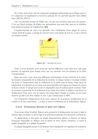 Chapitre 5. Réalisation et test
De ce fait, nous avons créé un composant graphique indépendant pour chaque post-it.
Ce composant est implémenté à travers le principe de vue partielle (partial view) dénit
dans ASP.Net MVC3.
Une vue partielle permet de dénir une vue qui sera restituée dans une vue parente.
C'est une façon pratique de dénir une présentation une seule fois, puis de la réutiliser
dans plusieurs parties de l'application. [24].
L'implémentation de notre vue partielle, avec l'utilisation d'une image de post-it
comme fond de la page, a permis de créer les story sous forme de post-it, ce qui a abouti
au résultat suivant :
Figure 56  Exemple de post-it
Grâce à cette méthode, nous avons pu exposer diérentes story dans une seule page
parente, en appelant pour chaque story une vue partielle, avec les données de la tâche
correspondante.
Dans une story, nous avons mis diérentes informations tel que l'intitulé de la tâche,
la ressource responsable de la réalisation de la tâche, la charge estimé et la charge réalisée
(en jour) et l'avancement dans la réalisation de la tâche sous la forme d'une barre de
progression. Les données de ces story sont aussi éditables via l'appui sur l'image de crayon
en haut à droite et chaque user story est déplaçable dans le tableau qui le contient. Seule
la ressource responsable de la réalisation d'une tâche peut éditer et déplacer une Story. Le
déplacement d'une story vers la colonne des tâches nies change sa couleur en vert pour
montrer qu'elle a été bien réalisée et met à jour l'avancement à 100%.
Ces évènements (déplacement de la story, capture de sa position, modication de sa
couleur et de son avancement,...) se font à travers l'utilisation de la bibliothèque JQuery.
5.3.3.4 Evènements détectés et gérés avec JQuery
Nous avons choisi d'utiliser JQuery pour permettre le déplacement des post-it dans le
tableau blanc de sprint vu qu'il s'agit d'un générateur puissant d'évènements d'utilisateur.
Ce déplacement se fait grâce au plugin drag-and-drop (glisser et déposer en langue
Française) disponible en JQuery sous la forme de deux parties distinctes, à savoir le
plugin Draggable et le plugin Droppable.
Le plugin Draggable permet à un élément d'être déplaçable en l'appelant de la manière
92
 